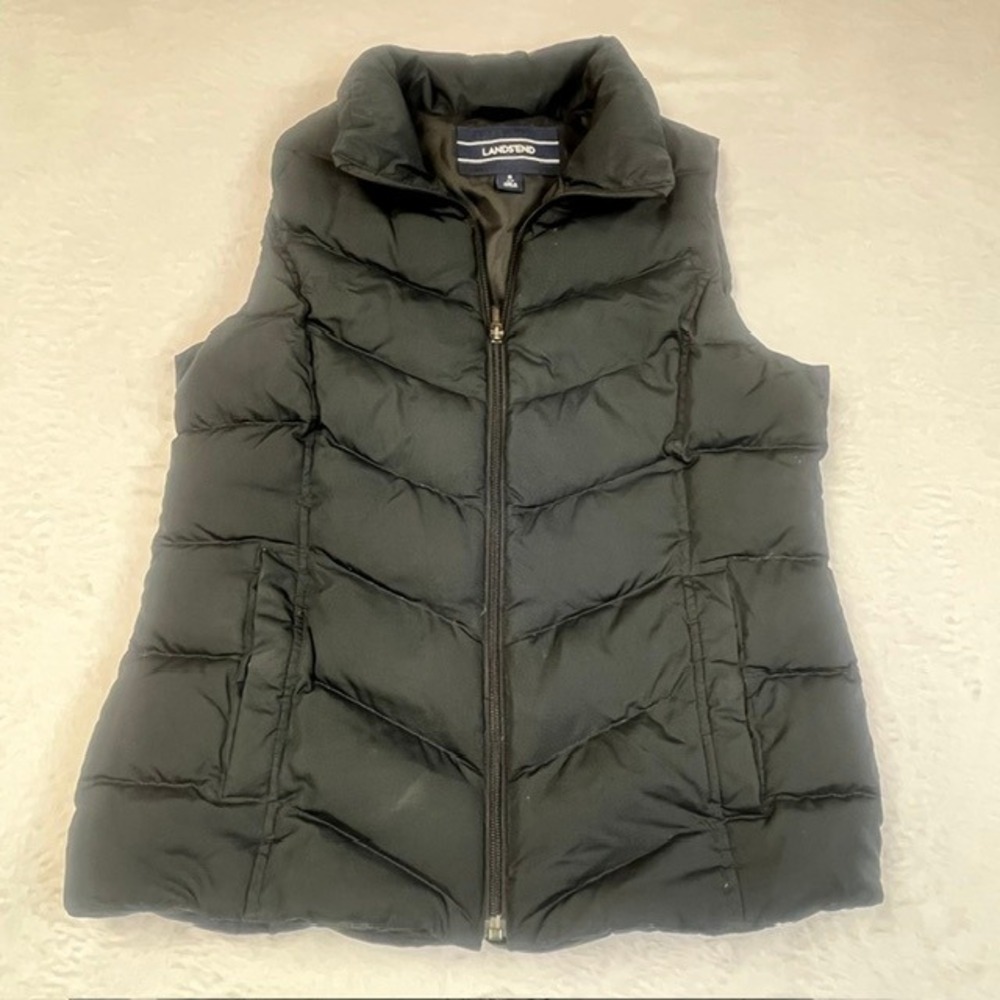 Lands End Womens Black Down Puffer Vest Chevron Quilted Full Zip Small 6-8